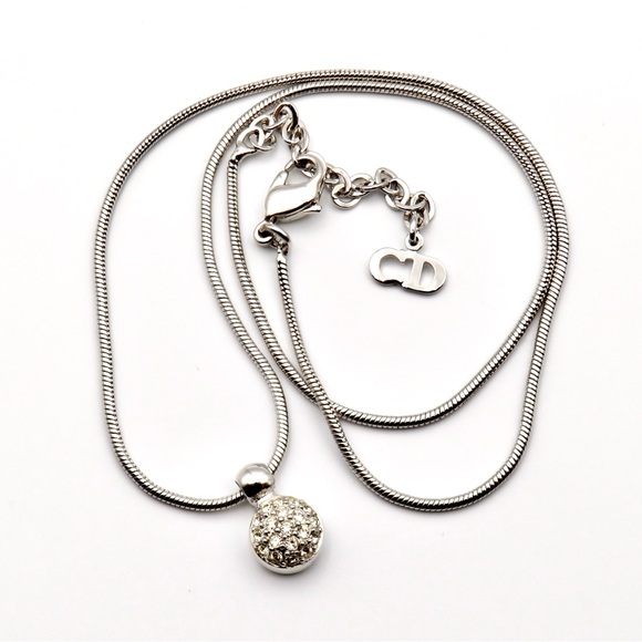 Christian Dior Silver Tone Dainty Round Crystal Pendant Necklace 16” - 18” - Picture 1 of 5